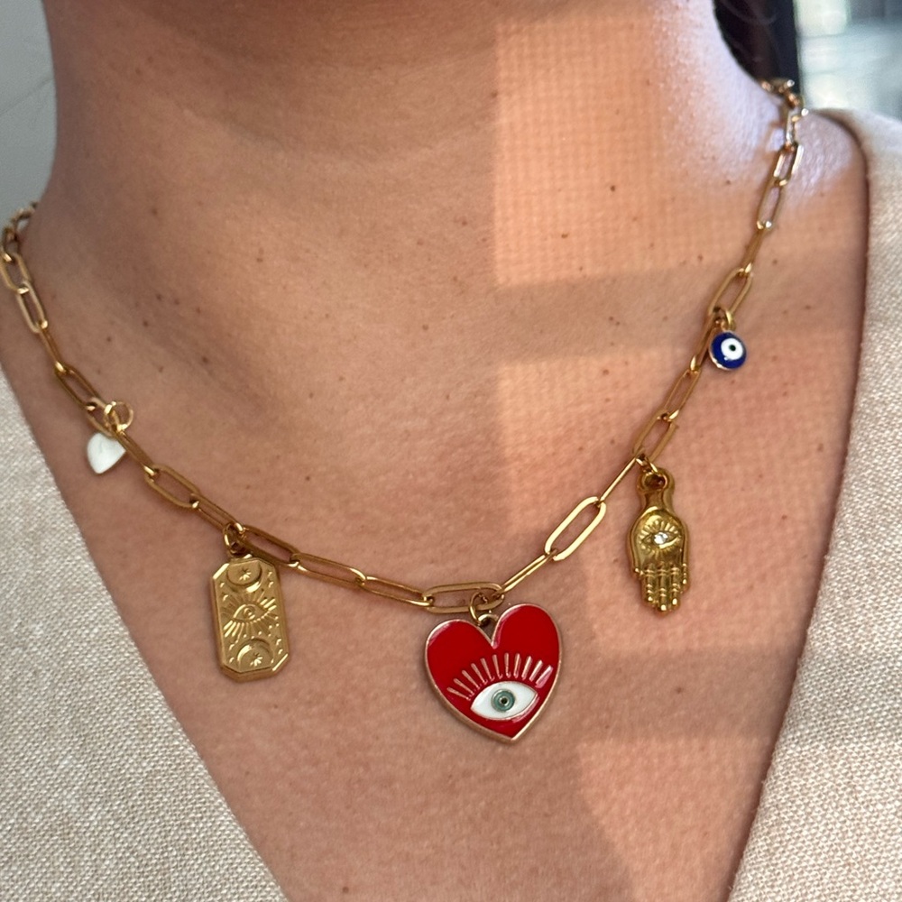 Gold Charm Necklace with Red Heart and Eye Pendant